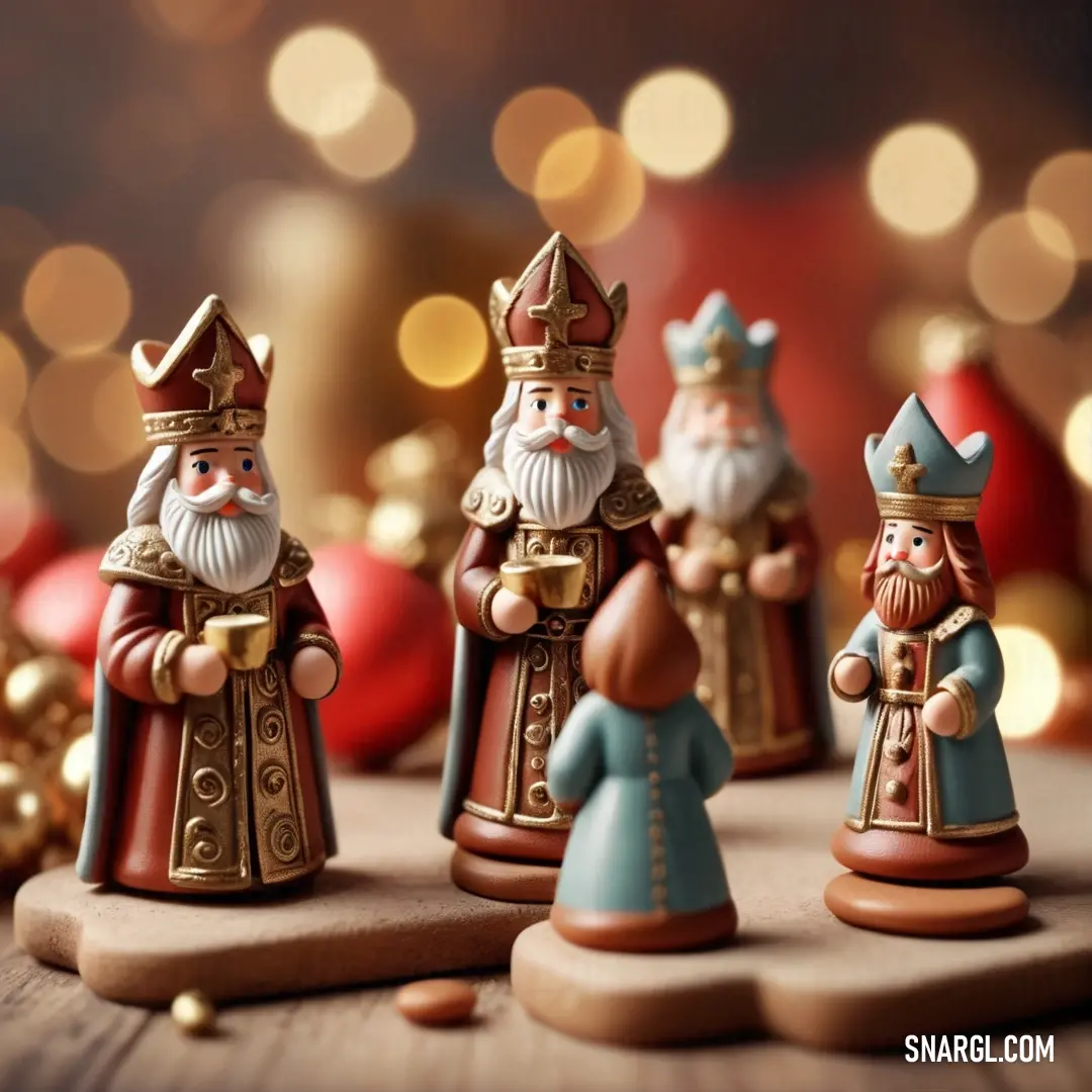 Group of figurines of santa claus and other figures on a table with christmas lights in the background. Color CMYK 0,55,70,60.