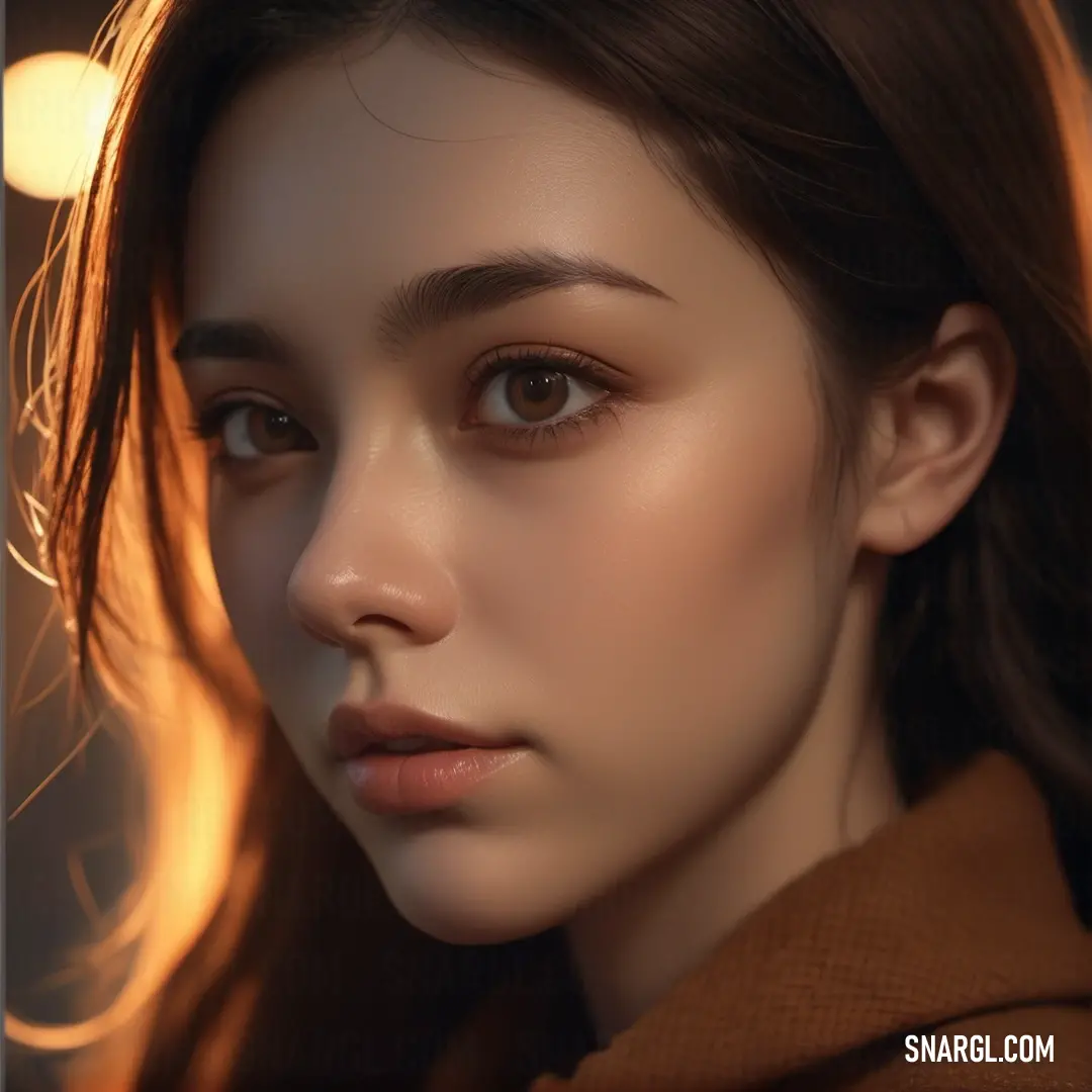 NCS S 6020-Y40R color. Woman with a brown coat and a light on her face and a light on her head