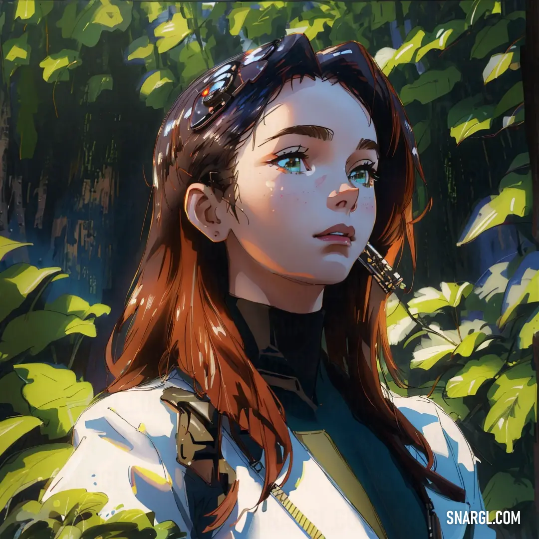 NCS S 6020-Y40R color example: Woman with long red hair and a white jacket is standing in a forest with green leaves and a pipe in her mouth