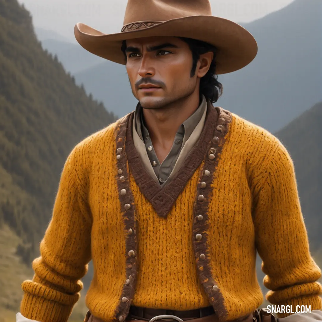 Man in a yellow sweater and hat with a brown hat on his head and a mountain in the background. Example of #6C3E28 color.