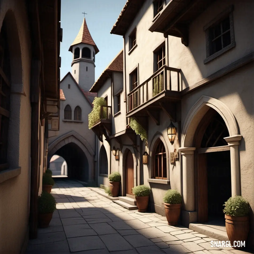 NCS S 6020-Y50R color example: Narrow street with a clock tower in the background