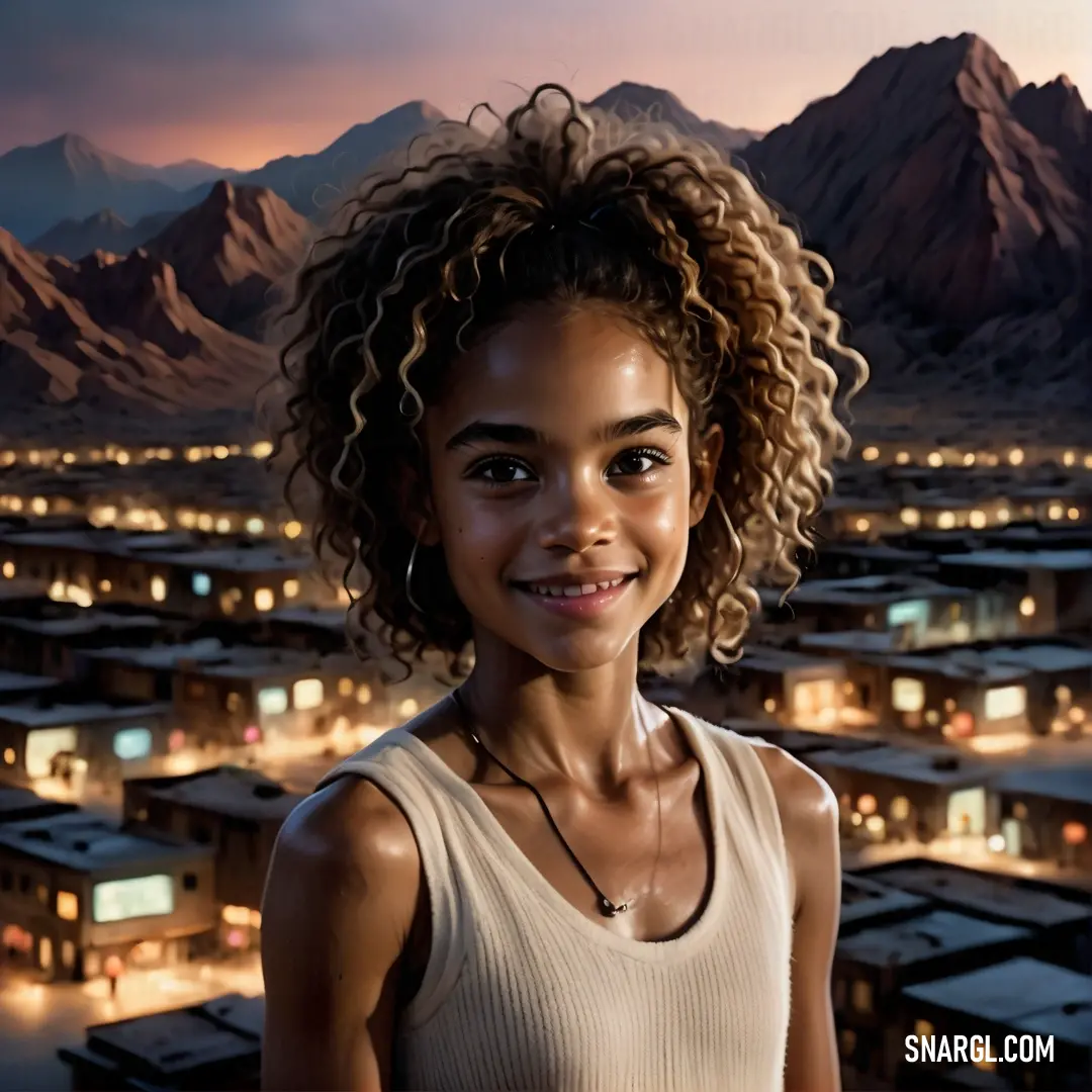 Young girl with curly hair standing in front of a city at night with mountains in the background. Example of #6C3E28 color.