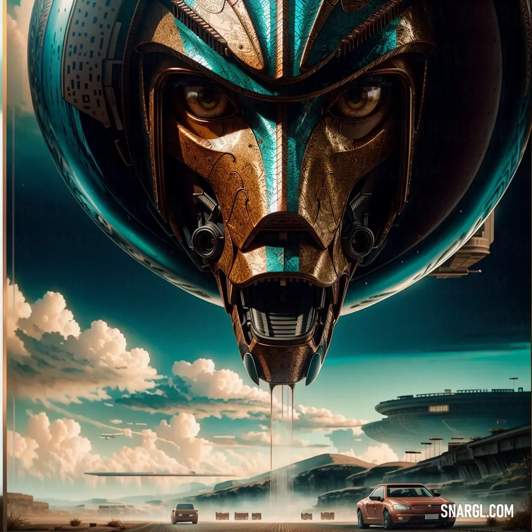 NCS S 6020-Y50R color. Poster of a robot helmet with a car in the background
