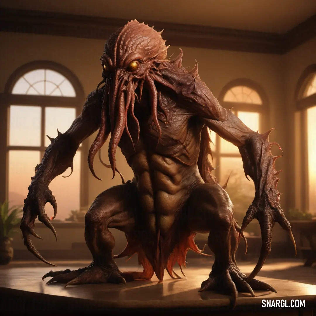 Creature with large claws and a huge body is standing on a table in a room with windows and a potted plant. Example of RGB 111,56,31 color.