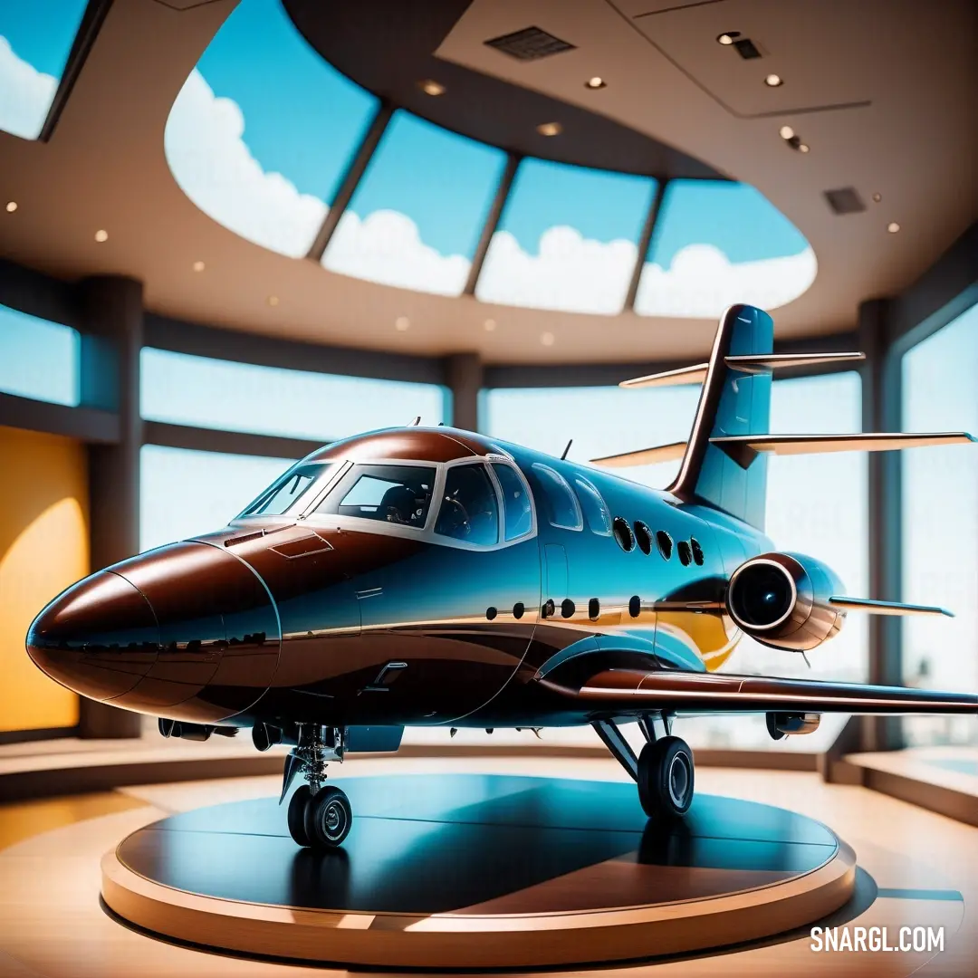 Small blue and brown plane on a stand in a room with large windows and a skylight above. Example of RGB 107,55,40 color.