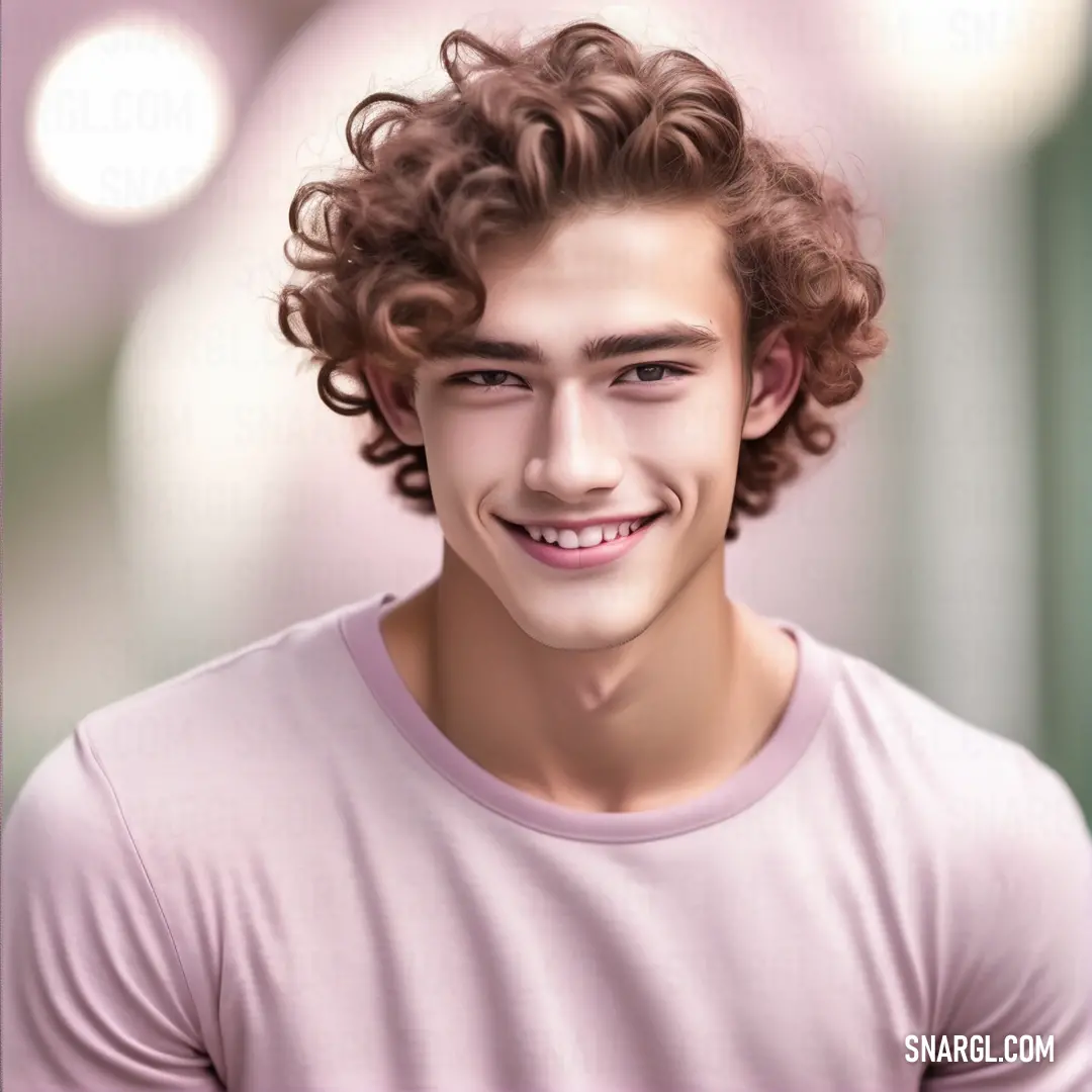 Man with curly hair smiling at the camera with a pink shirt on and a light background. Example of RGB 92,50,51 color.