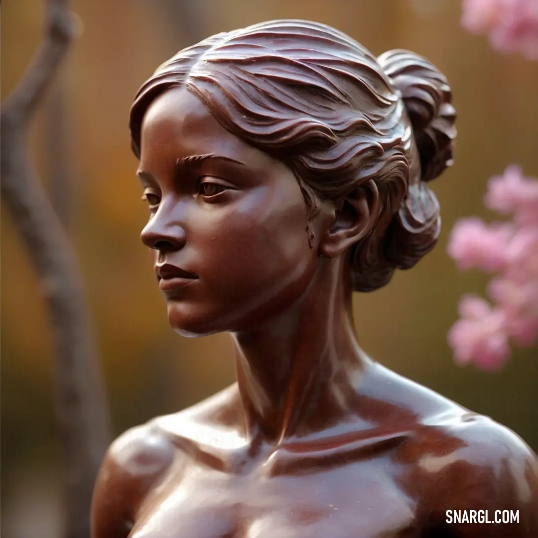 Statue of a woman with a bun in her hair and a flower in her hair is shown in front of a tree. Color CMYK 0,58,35,70.
