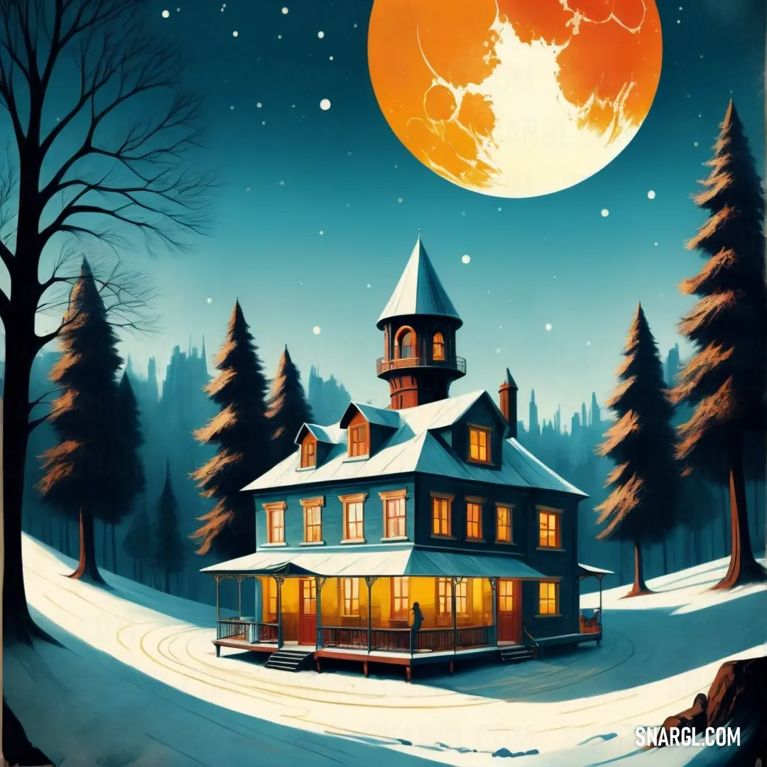 Painting of a house in the snow with a full moon in the background. Example of RGB 0,70,69 color.
