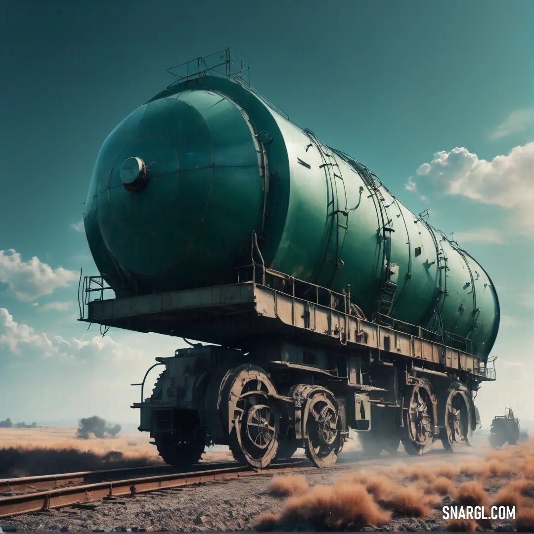 Large green tanker truck traveling down a train track in the desert with a sky background. Color #00443E.