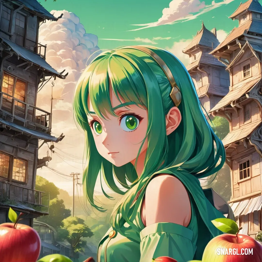 Girl with green hair and green eyes standing in front of an apple orchard with a castle in the background. Example of #004031 color.