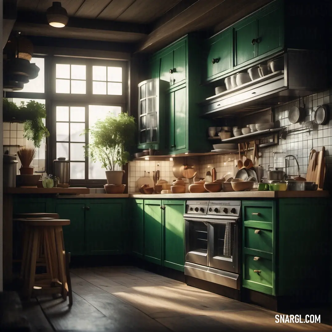Kitchen with green cabinets and a stove top oven and a window with a potted plant on it. Example of #004031 color.