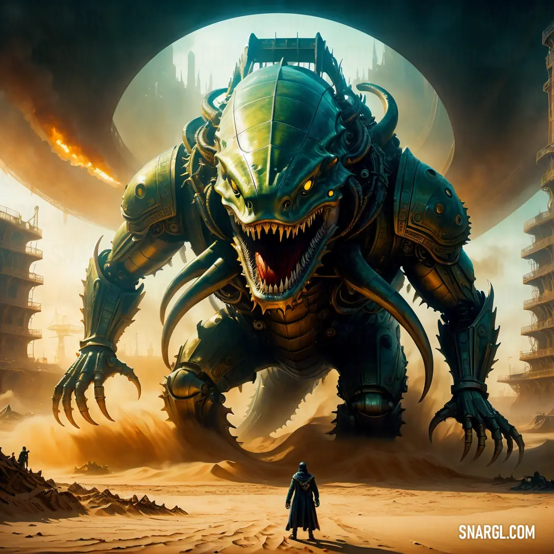 NCS S 6030-B90G color example: Man standing in front of a giant monster in a desert area