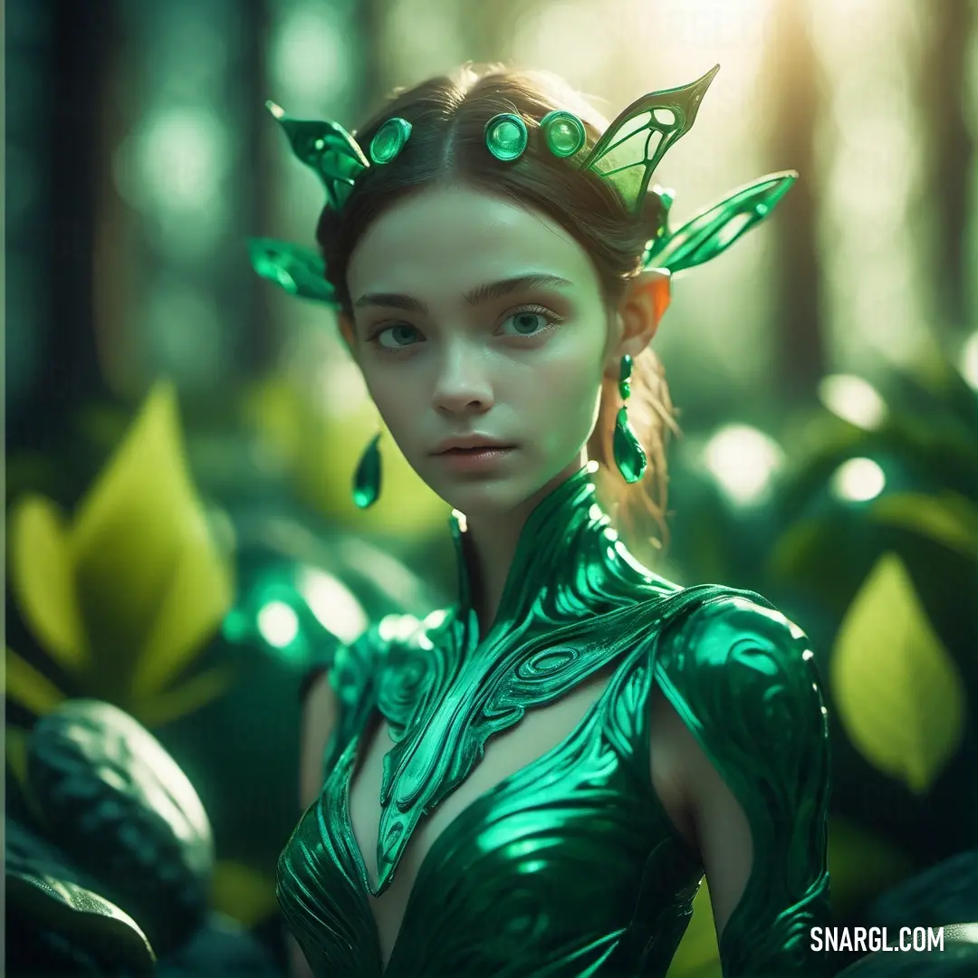 NCS S 6030-B90G color example: Woman in a green dress with green leaves on her head
