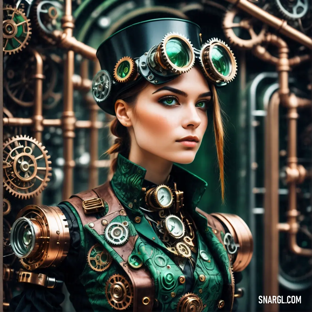 Woman in a steam punk costume with gears on her head and a green jacket on her shoulders. Example of RGB 0,70,46 color.