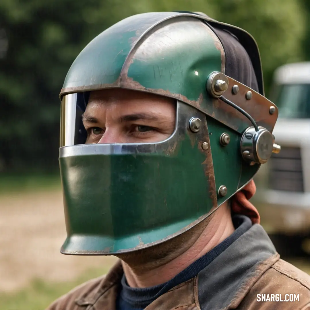 Man wearing a green helmet and a brown jacket with a truck in the background. Example of CMYK 90,0,90,72 color.