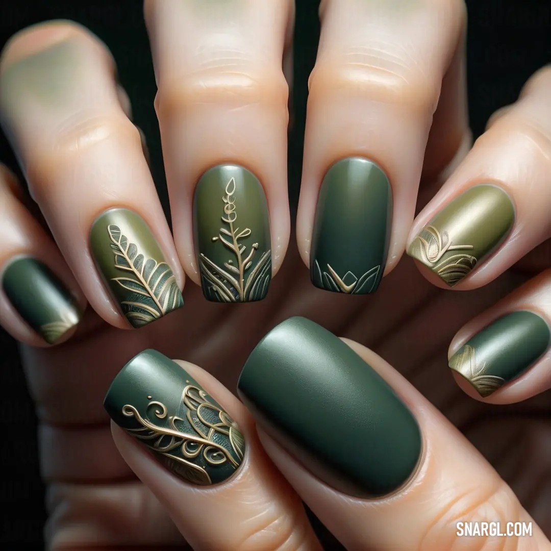 Manicure with green and gold designs on it's nails. Color NCS S 6030-G.