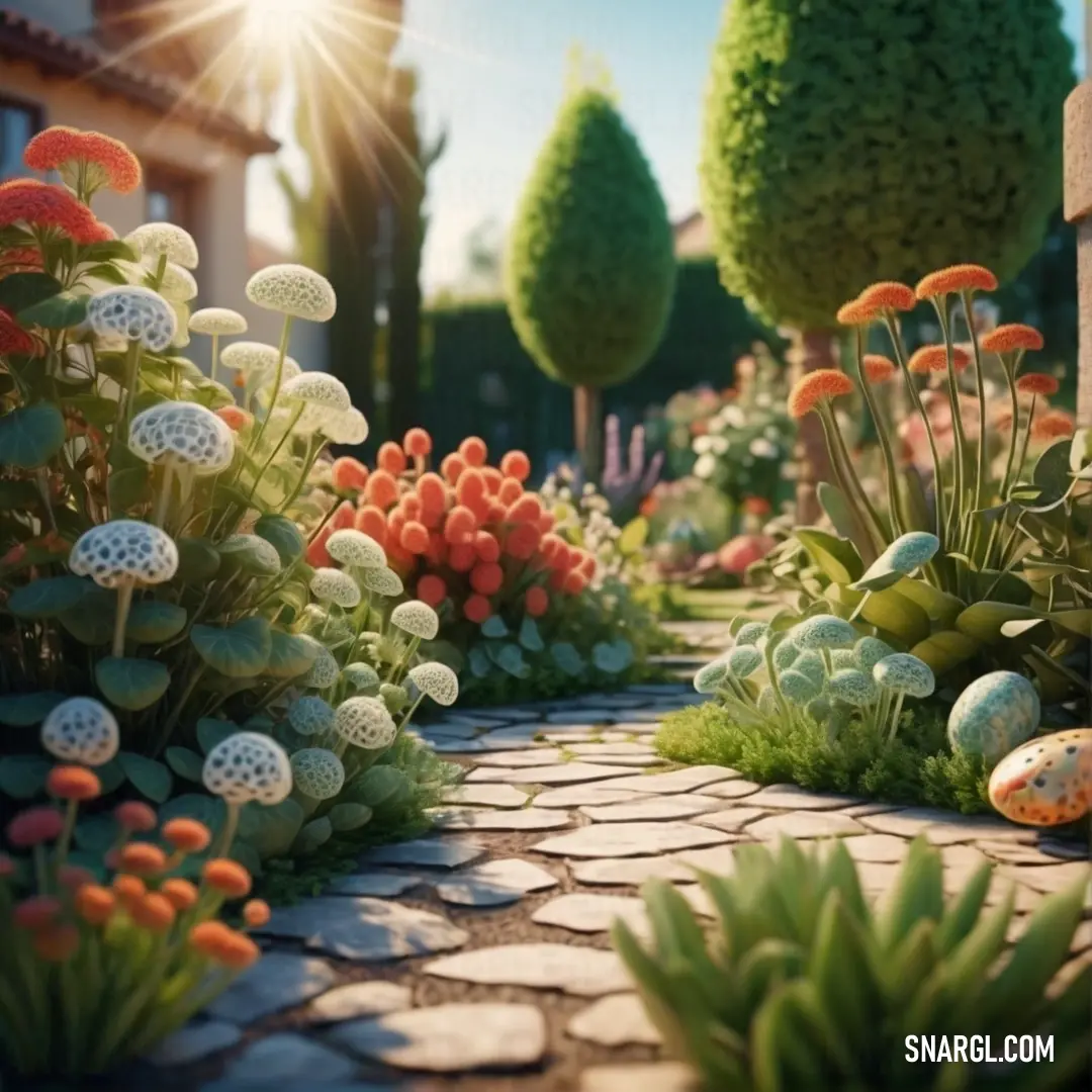 Garden with lots of flowers and plants on the ground and a stone path leading to a house with a sun shining on the building