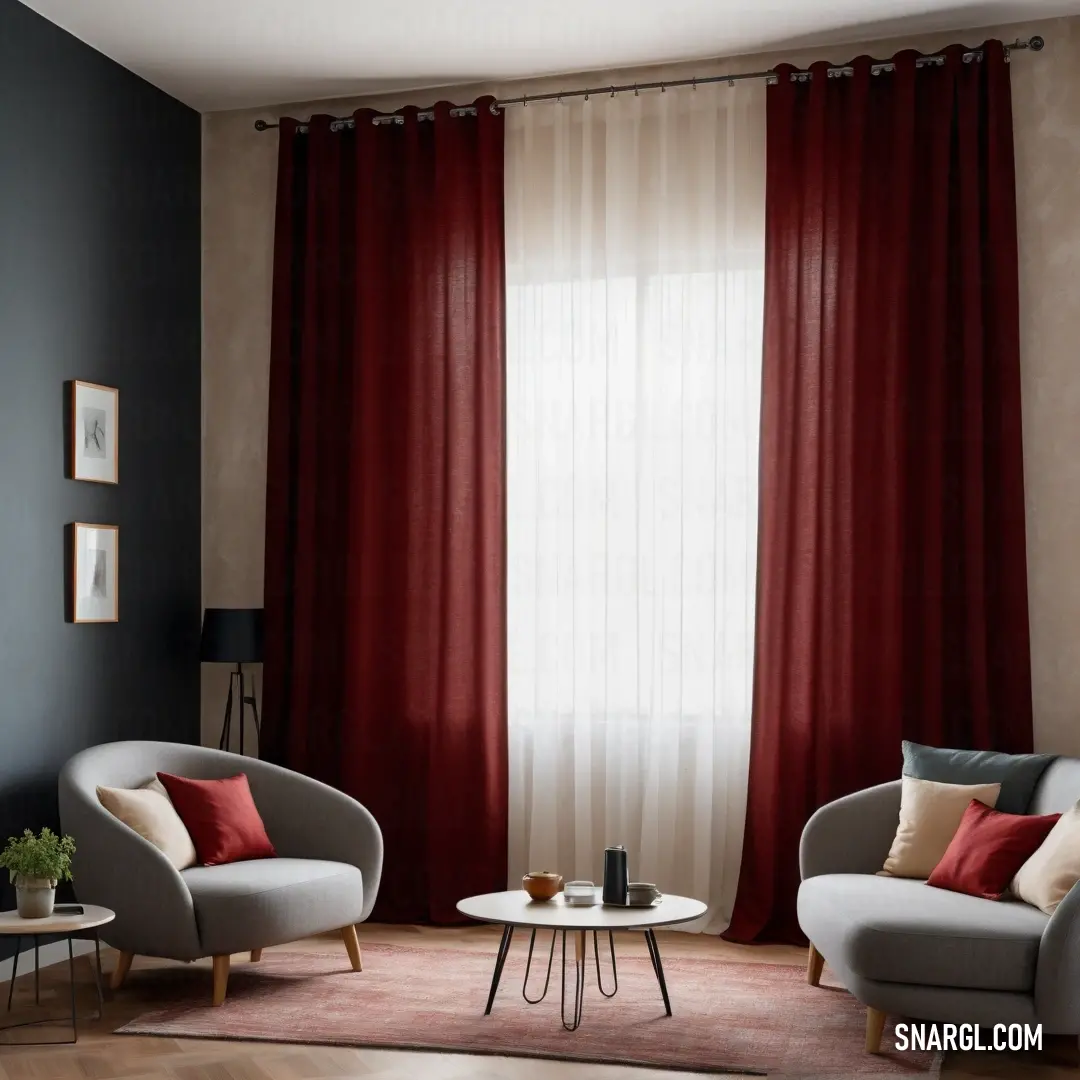 Living room with two chairs and a table with a vase on it and a red curtain behind it. Color NCS S 6030-R20B.