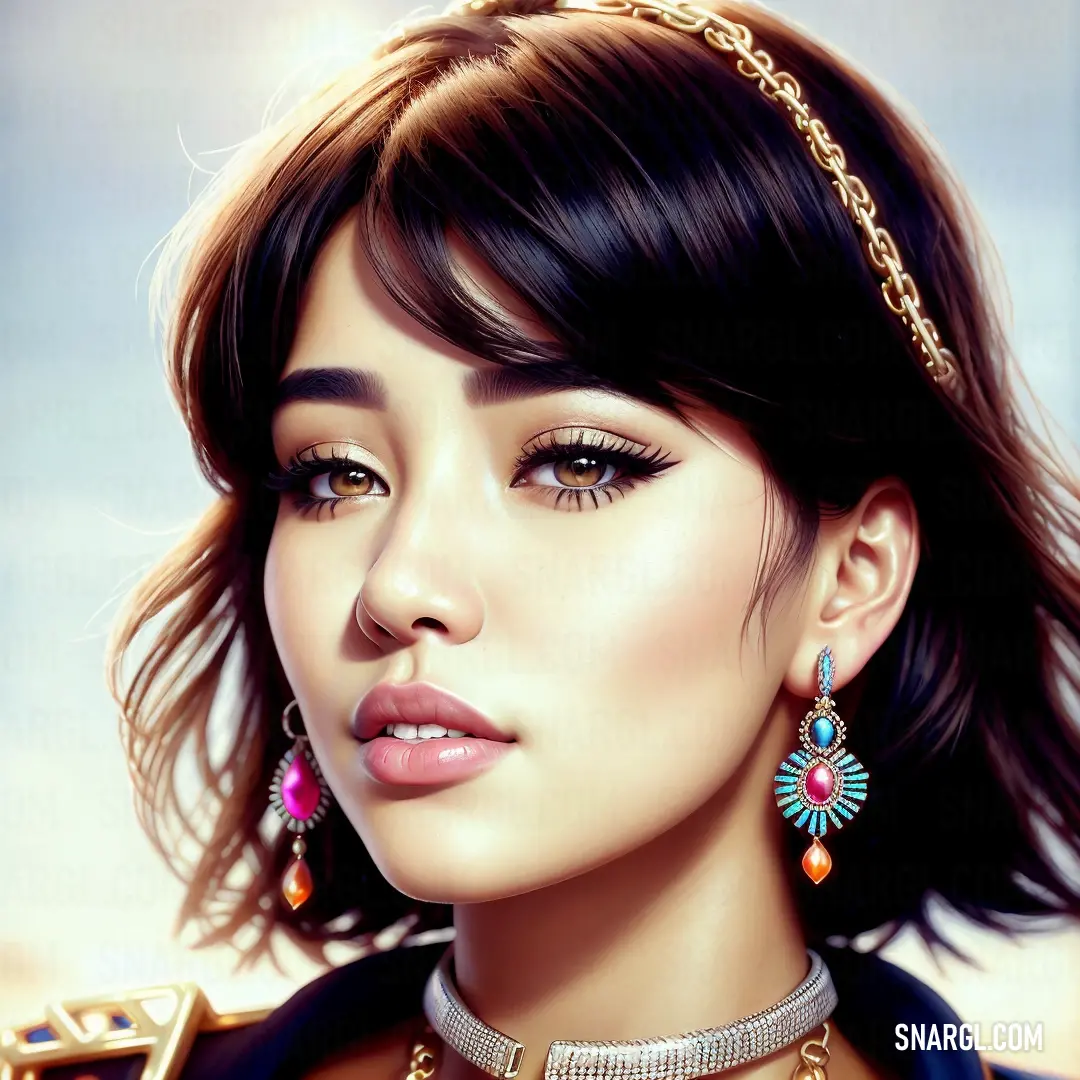 NCS S 6030-R20B color example: Painting of a woman wearing a necklace and earrings with a sky background