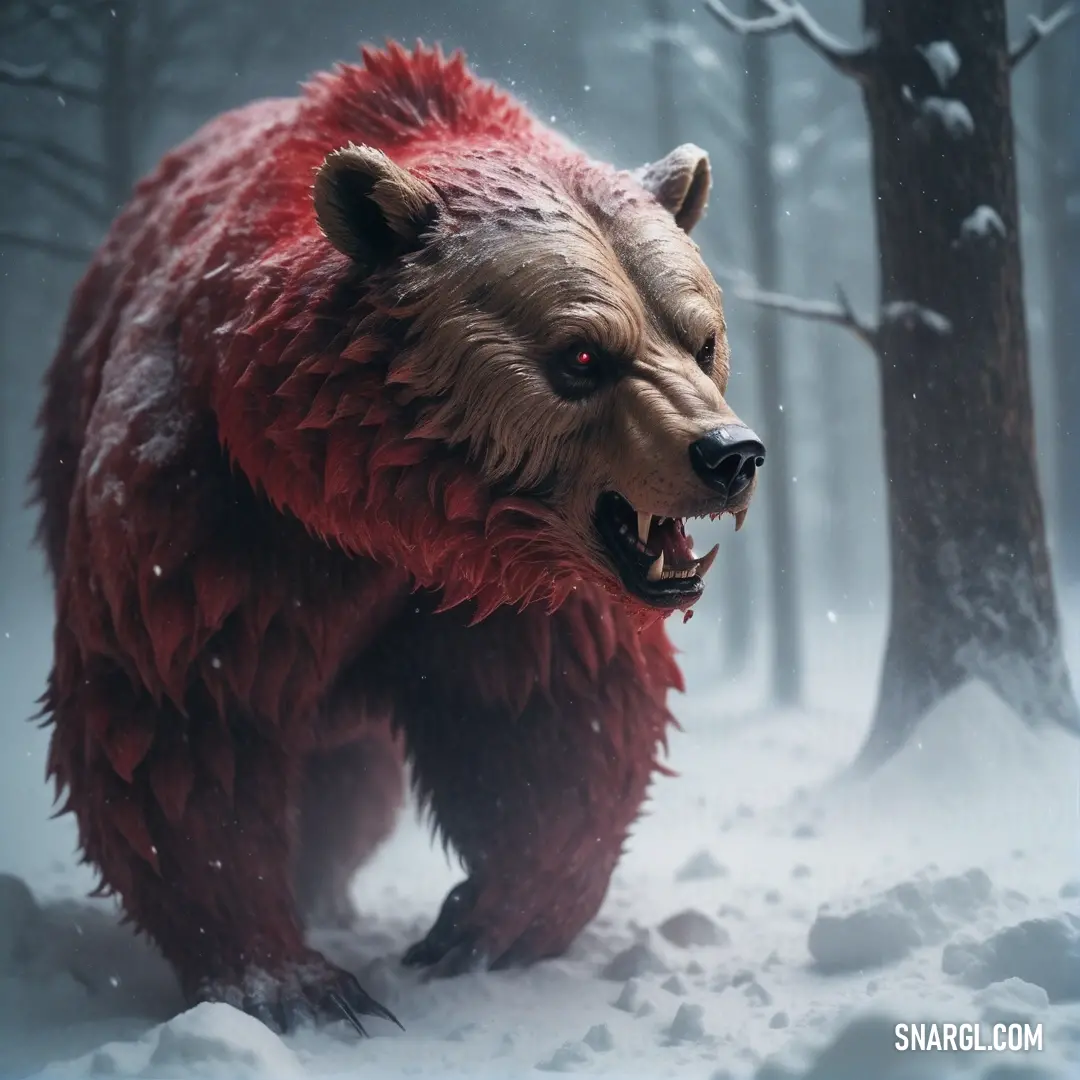 NCS S 6030-R30B color example: Bear with red fur walking through a snowy forest with trees and snowballs on its face and mouth