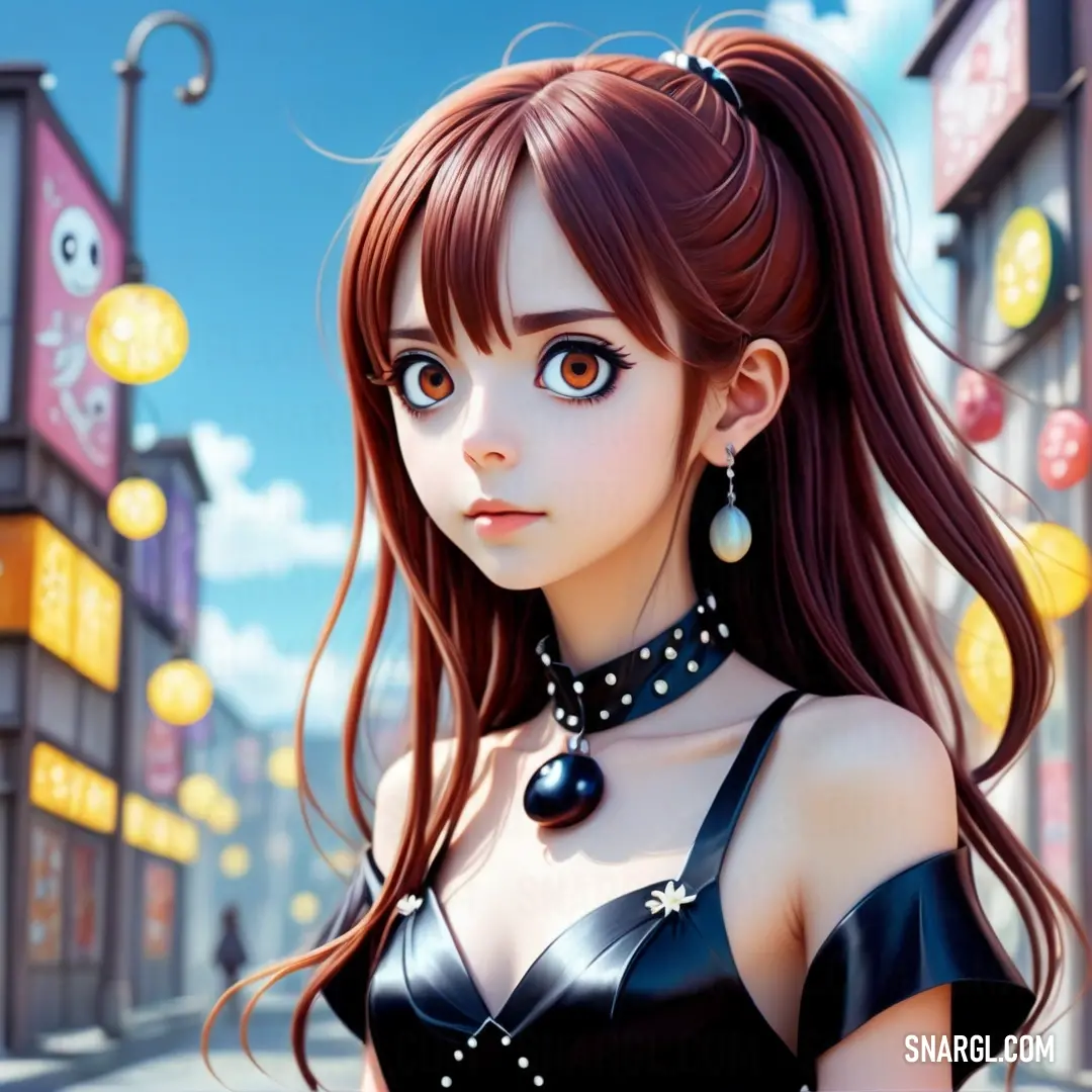 Girl with long hair and a black top on a street with a clock tower in the background. Example of #3A0023 color.