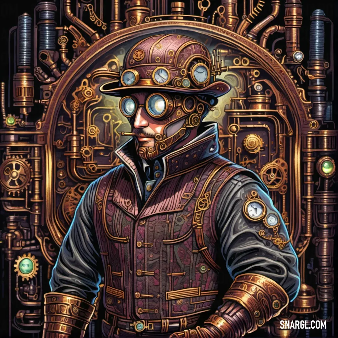 NCS S 6030-R30B color example: Man in a steam punk outfit standing in front of a machine room with a clock on it's face