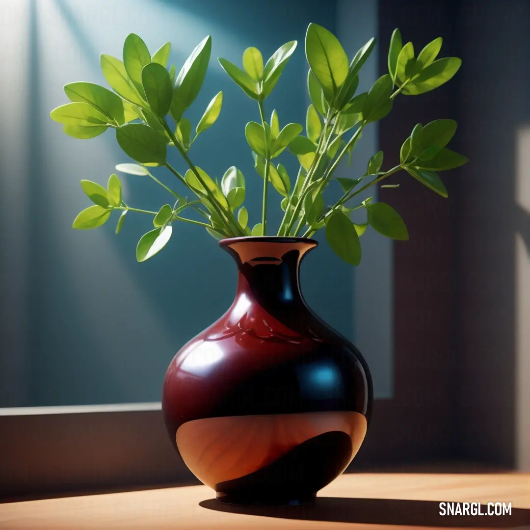 Vase with a plant in it on a table next to a window with a curtain behind it and a light coming through the window
