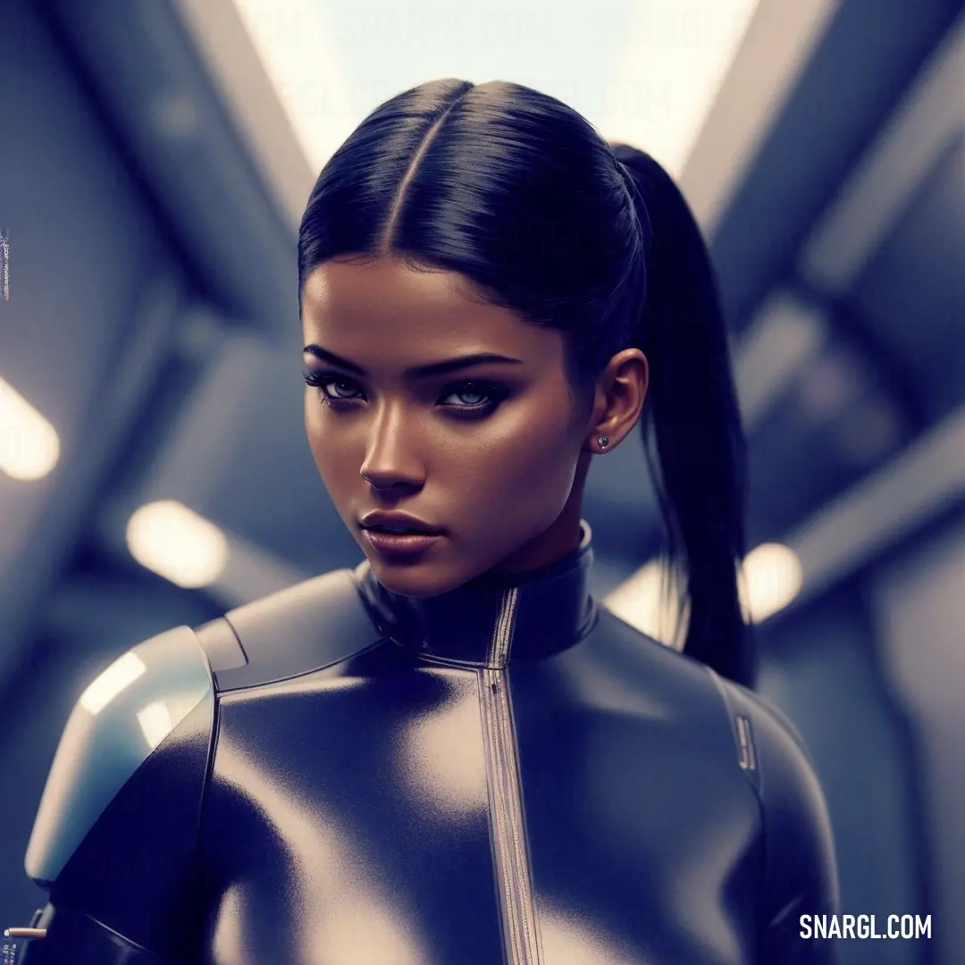 NCS S 6030-R70B color example: Woman in a futuristic suit with a ponytail in her hair and a sci - fi ponytail