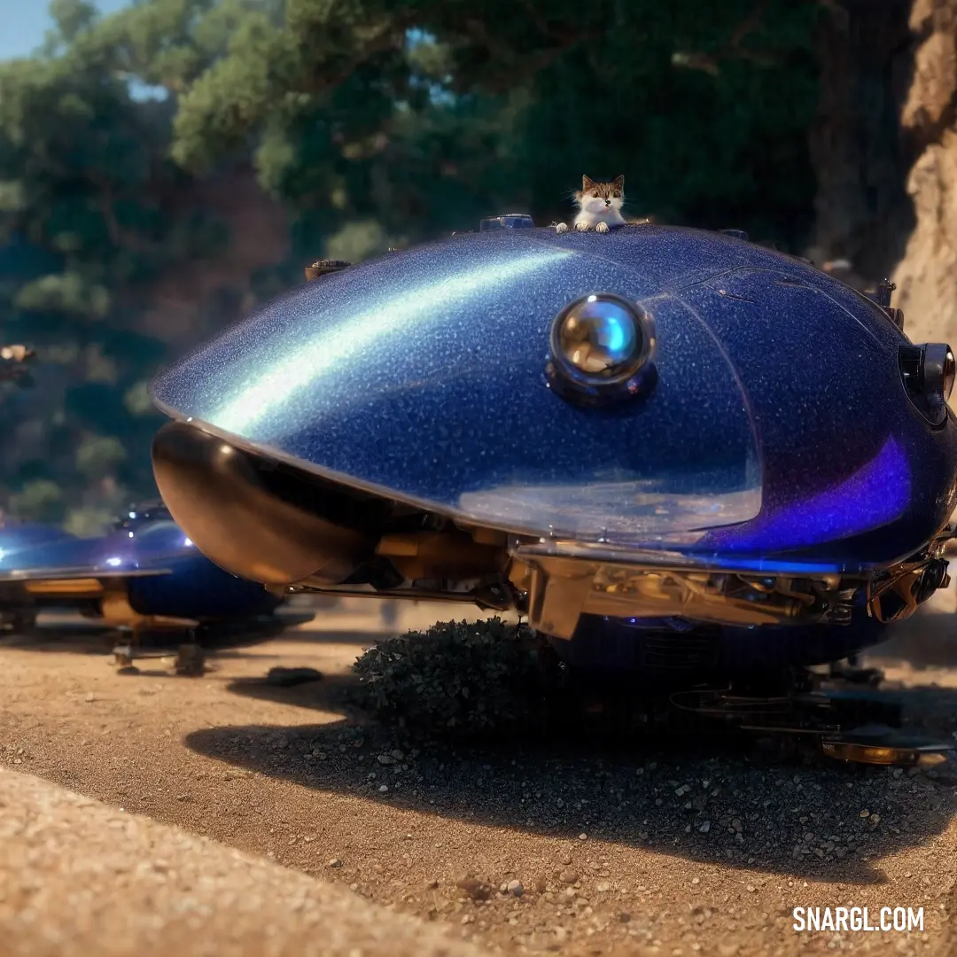 Futuristic vehicle with a cat on top of it on the ground next to a rock wall and trees. Color RGB 3,35,82.