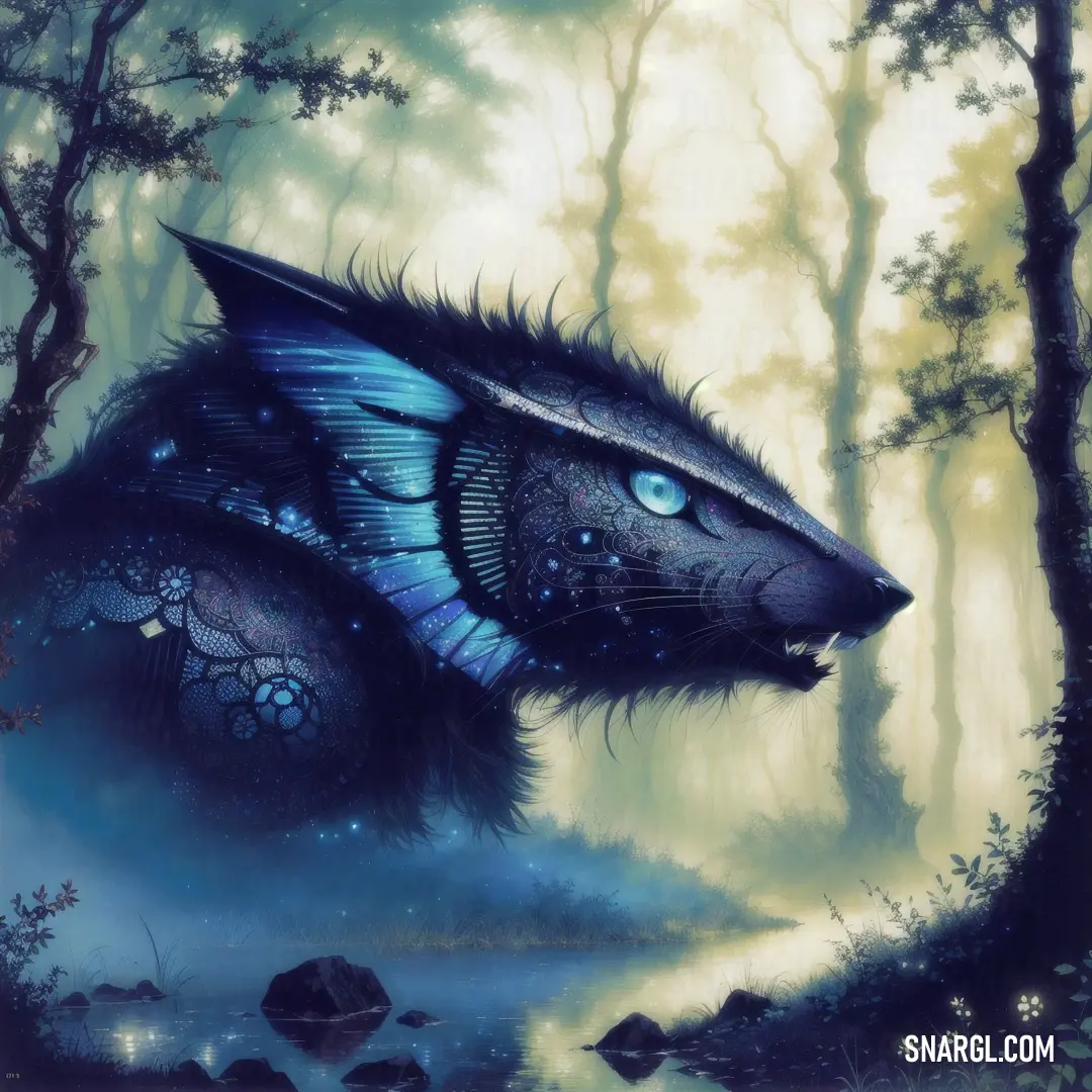 Painting of a dragon with blue wings in a forest with rocks and trees in the background. Example of RGB 0,51,81 color.