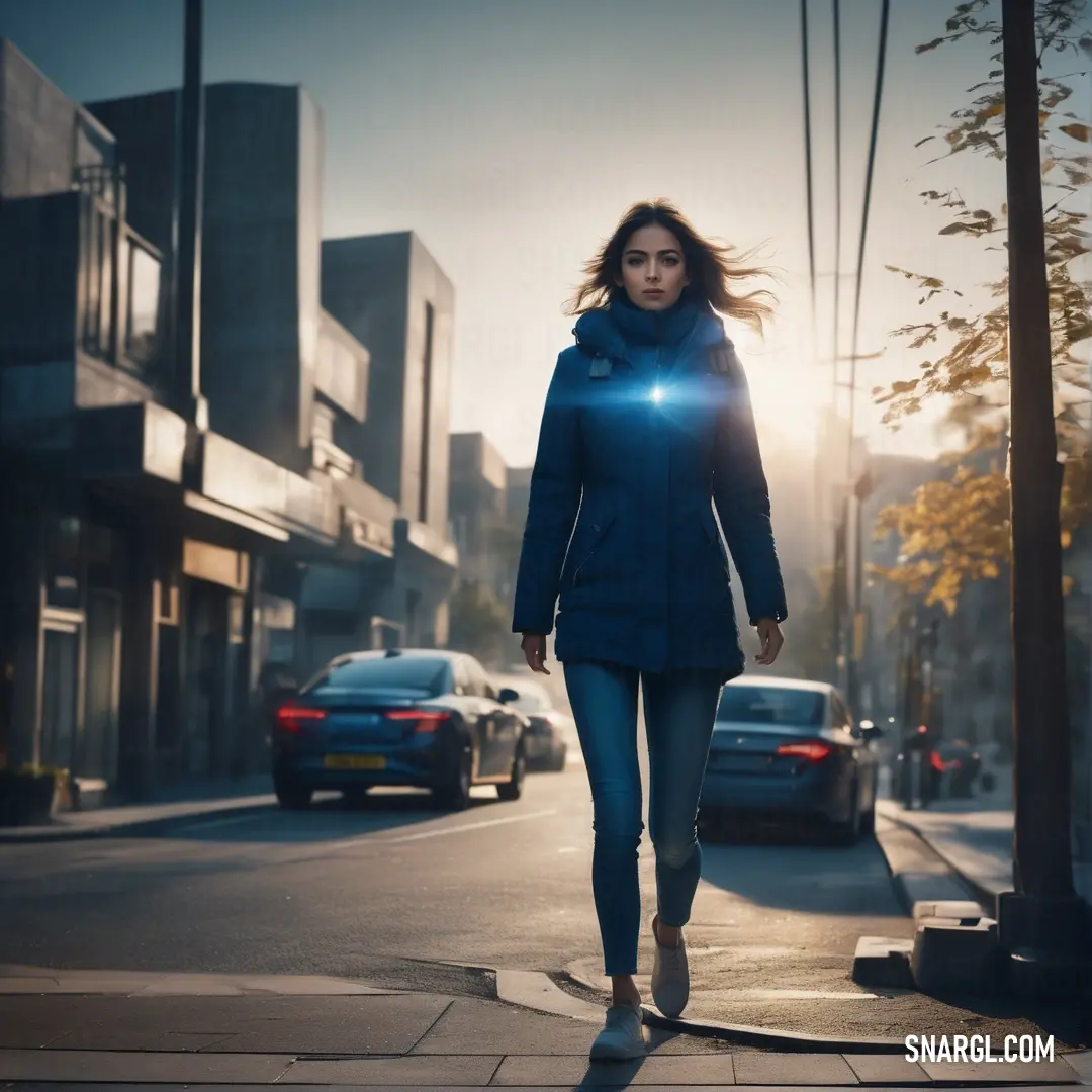 Woman walking down a street in a blue coat and jeans with a hoodie on and a car parked on the side of the street