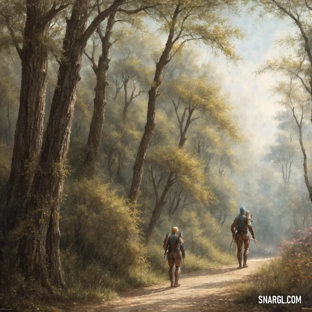 Two people walking down a dirt road in a forest with trees and flowers on either side of the path. Color NCS S 6030-Y.