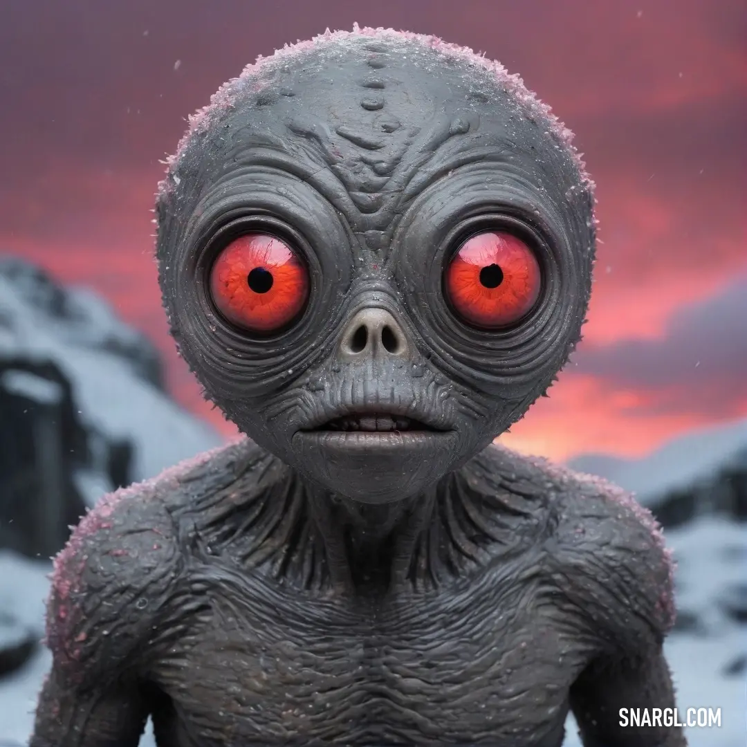 An intense close-up of an alien with glowing red eyes, set against a backdrop of snow-laden mountains, blending intrigue with an aura of the unknown.