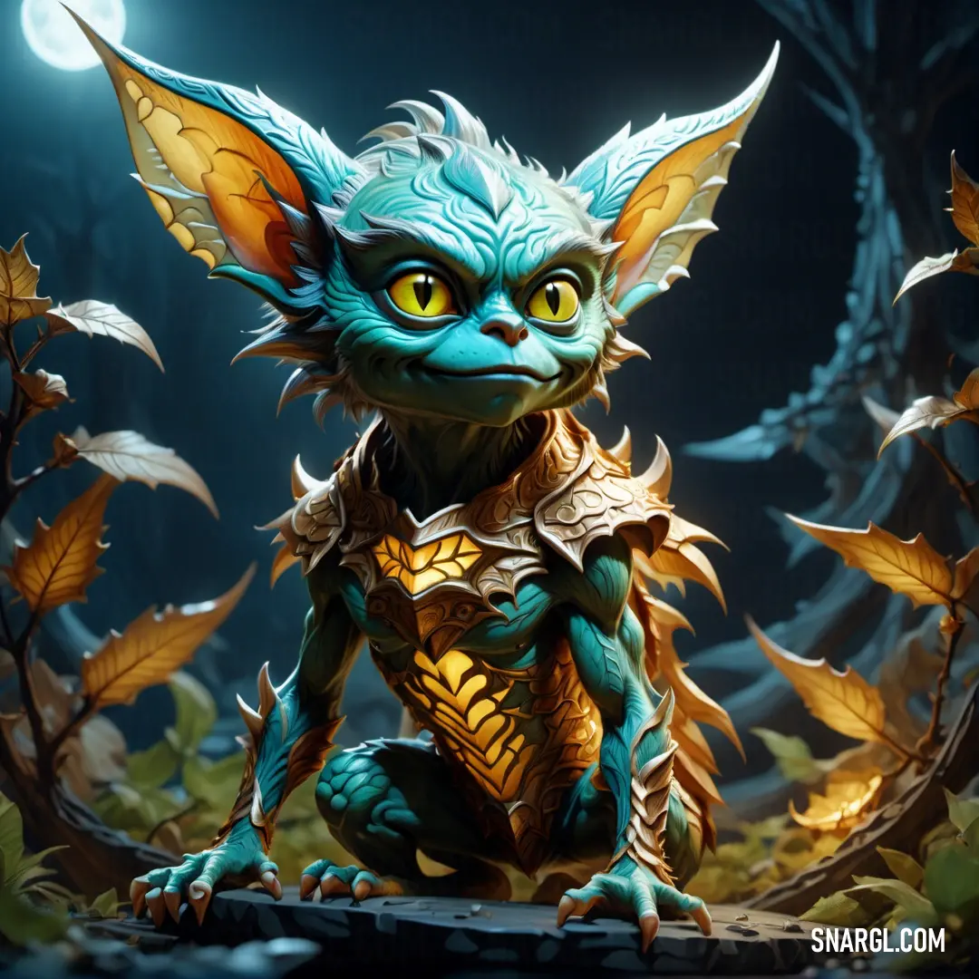 NCS S 6030-Y10R color. Creature with a blue body and yellow eyes on a rock in a forest with leaves and a full moon