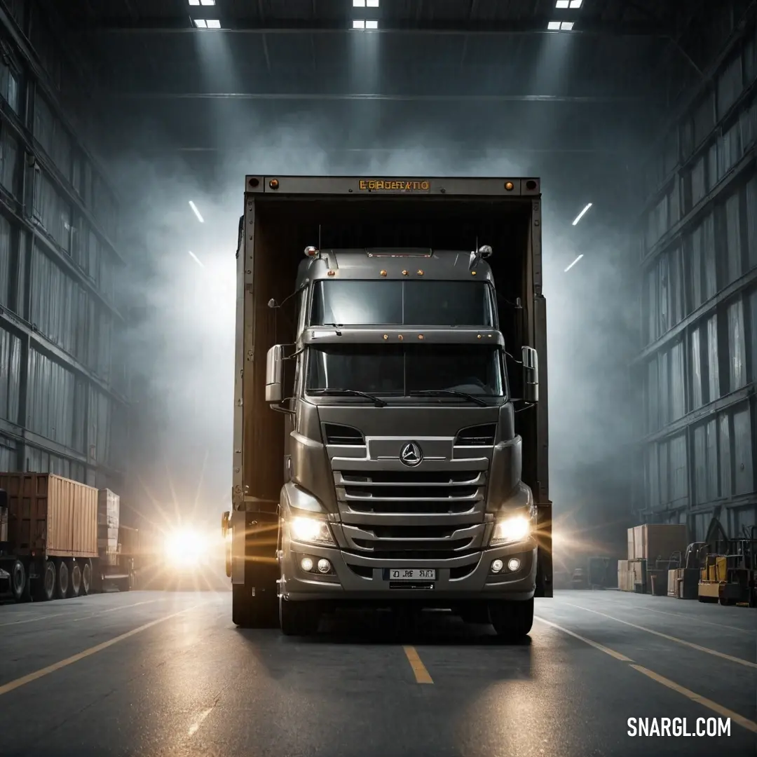 A massive truck illuminated by its bright lights rests inside a warehouse, surrounded by a misty ambiance that creates a dramatic atmosphere, echoing the bustling life of transportation.