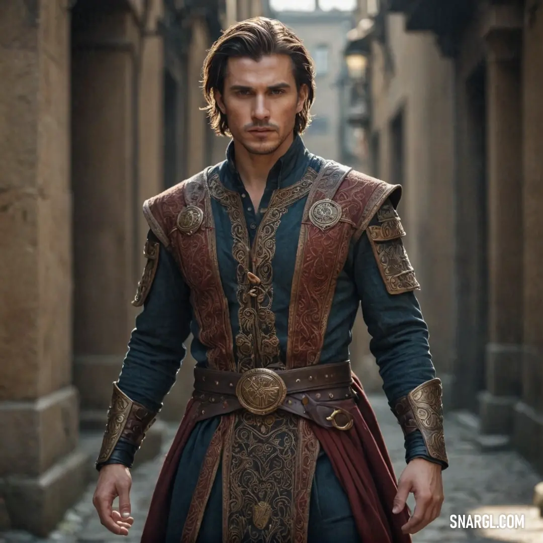 A majestic man adorned in a medieval costume navigates a narrow, cobblestone alley, surrounded by ancient stone buildings that tell stories of a bygone era, evoking a sense of history and adventure.