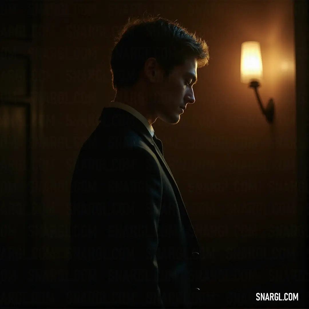 A professionally dressed man stands confidently in a dimly lit room, illuminated by a striking beam of light from behind, casting intriguing shadows on the wall and highlighting the contours of his sharp suit.