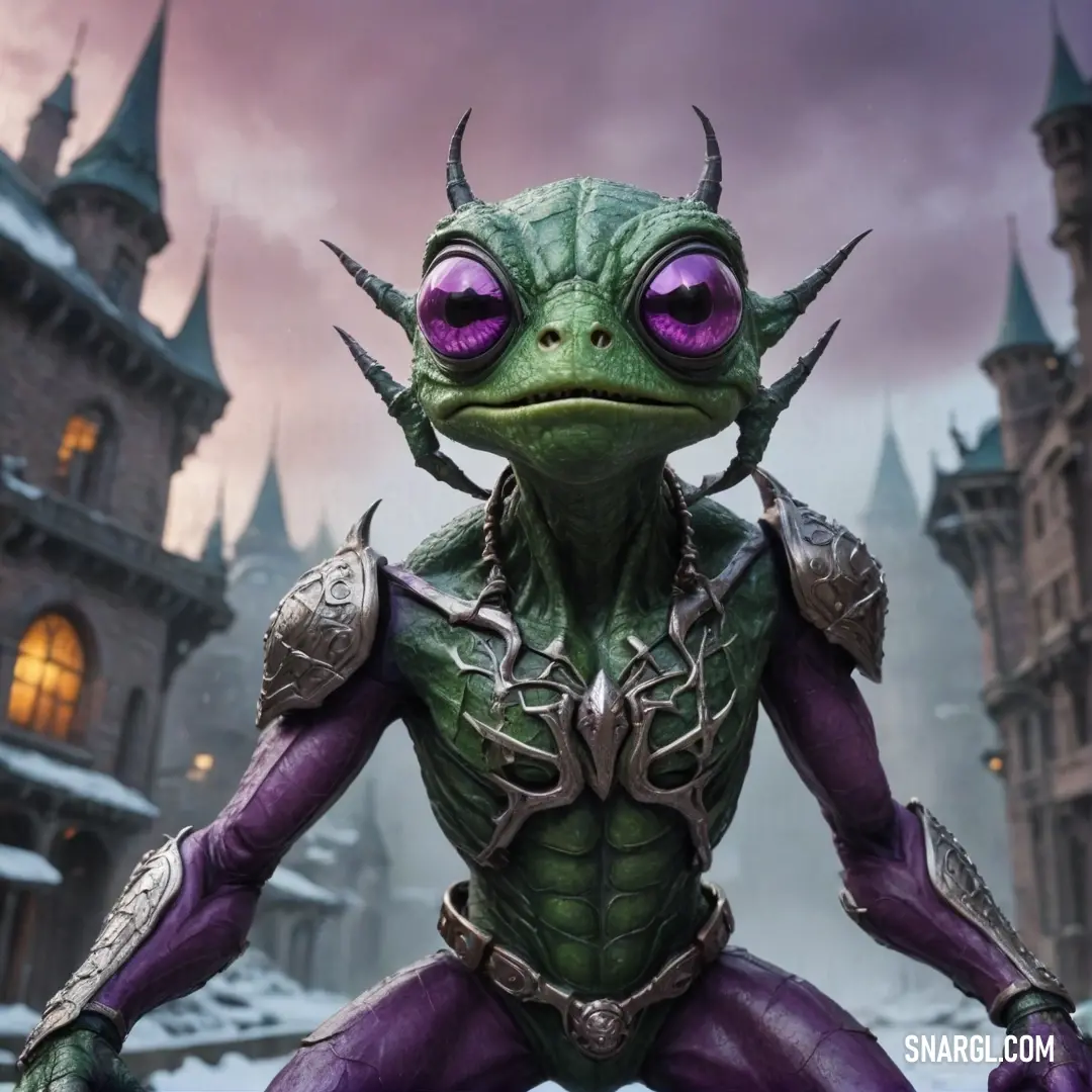 A unique green creature with vivid purple eyes dons a regal purple outfit, standing resolutely in front of a majestic castle blanketed in snow, exuding an aura of enchantment and mystery.