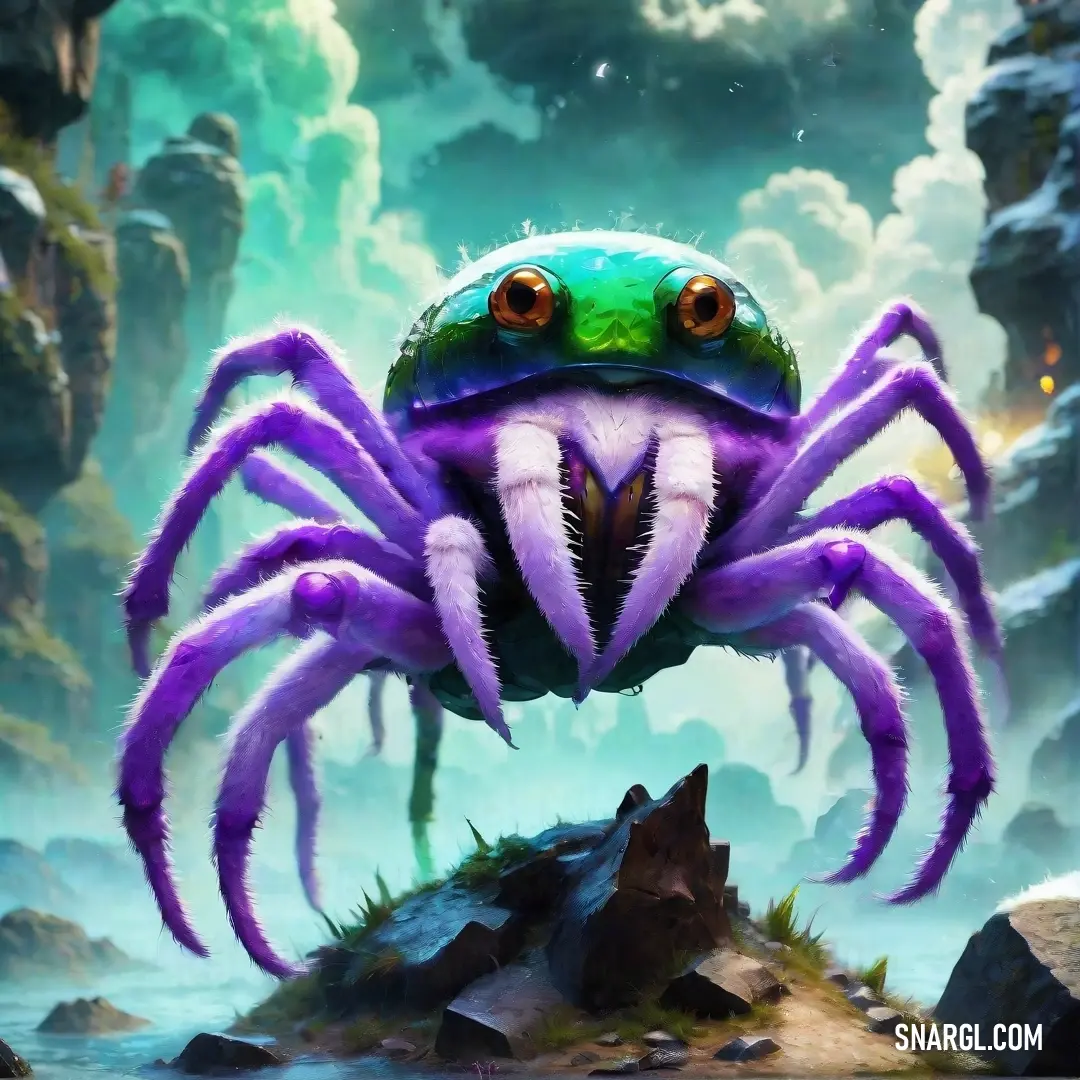 A striking purple spider with a green face and oversized eyes sits regally on a rock, surrounded by a serene river and majestic mountains, creating a delightful contrast to its vibrant coloration.