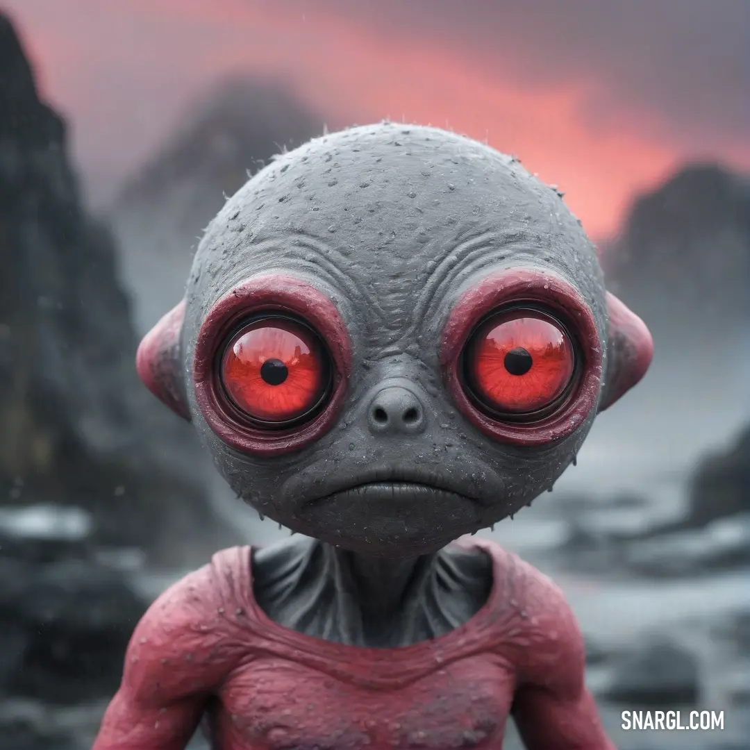 A curious alien figure with vibrant red eyes captivates viewers, exuding an aura of oddity and wonder, inviting all to ponder its origin and story.