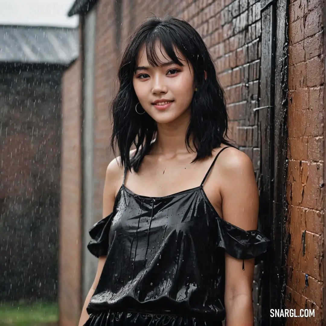 A stylish woman stands elegantly against a rugged brick wall, her black top and pants glistening in the rain. Her confident pose suggests resilience as drops of water cascade around her, capturing the essence of an urban paradise.