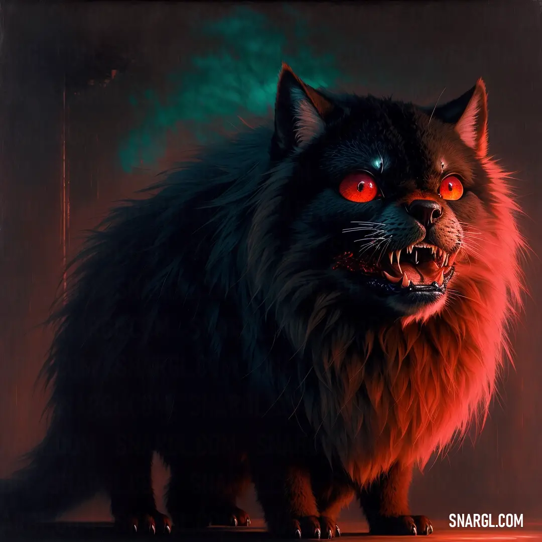 A striking painting of a furry black cat with deep red eyes, its sleek fur coat blending seamlessly into the dark background. The cat's intense gaze draws you in, evoking a sense of mystery and intrigue.