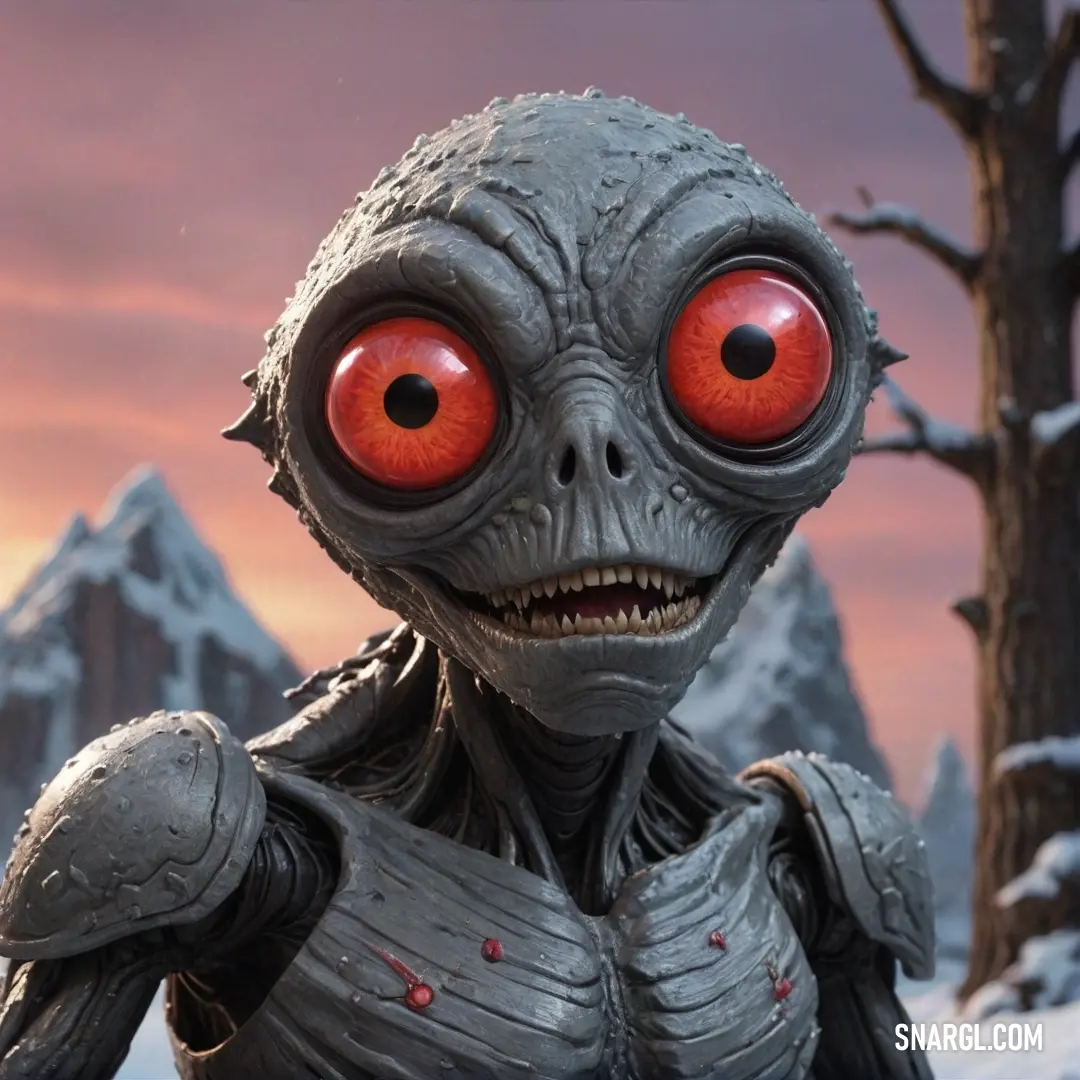 An intriguing alien figure adorned with red eyes and a helmet, poised against a backdrop of snowy mountains, radiating an aura of mystery and otherworldly charm.