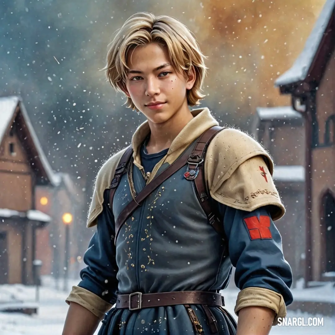 A young boy dressed in a detailed medieval outfit, bravely holding a sword, stands amidst a serene snowy landscape. In the backdrop, a rustic village peeks through the snowflakes, creating a scene filled with adventure and historical charm.