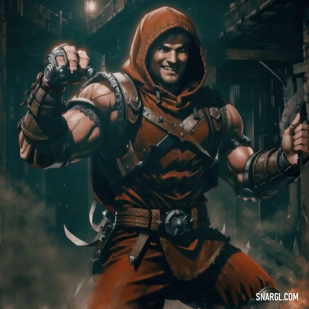 Man in a red outfit holding a sword and a knife in his hand in a dark alley with smoke. Color #592F0F.