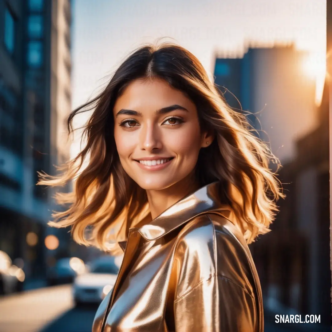 Woman in a gold jacket is smiling for the camera while standing on a city street at sunset or sunrise. Color CMYK 0,60,85,70.