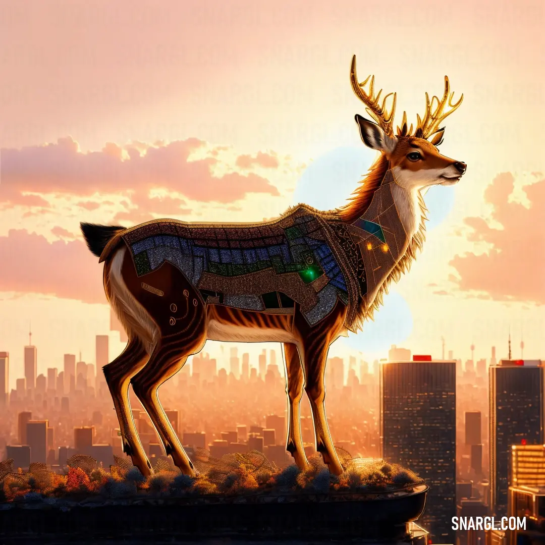 Deer statue on top of a building with a city in the background. Example of #622100 color.