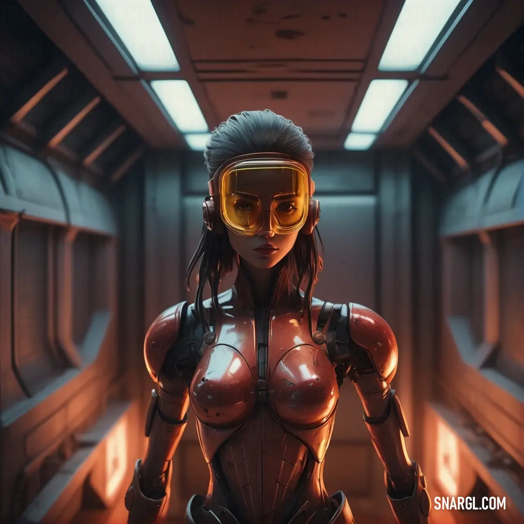 Woman in a sci - fi outfit and goggles in a sci - fi room with a red light. Color CMYK 0,72,90,66.