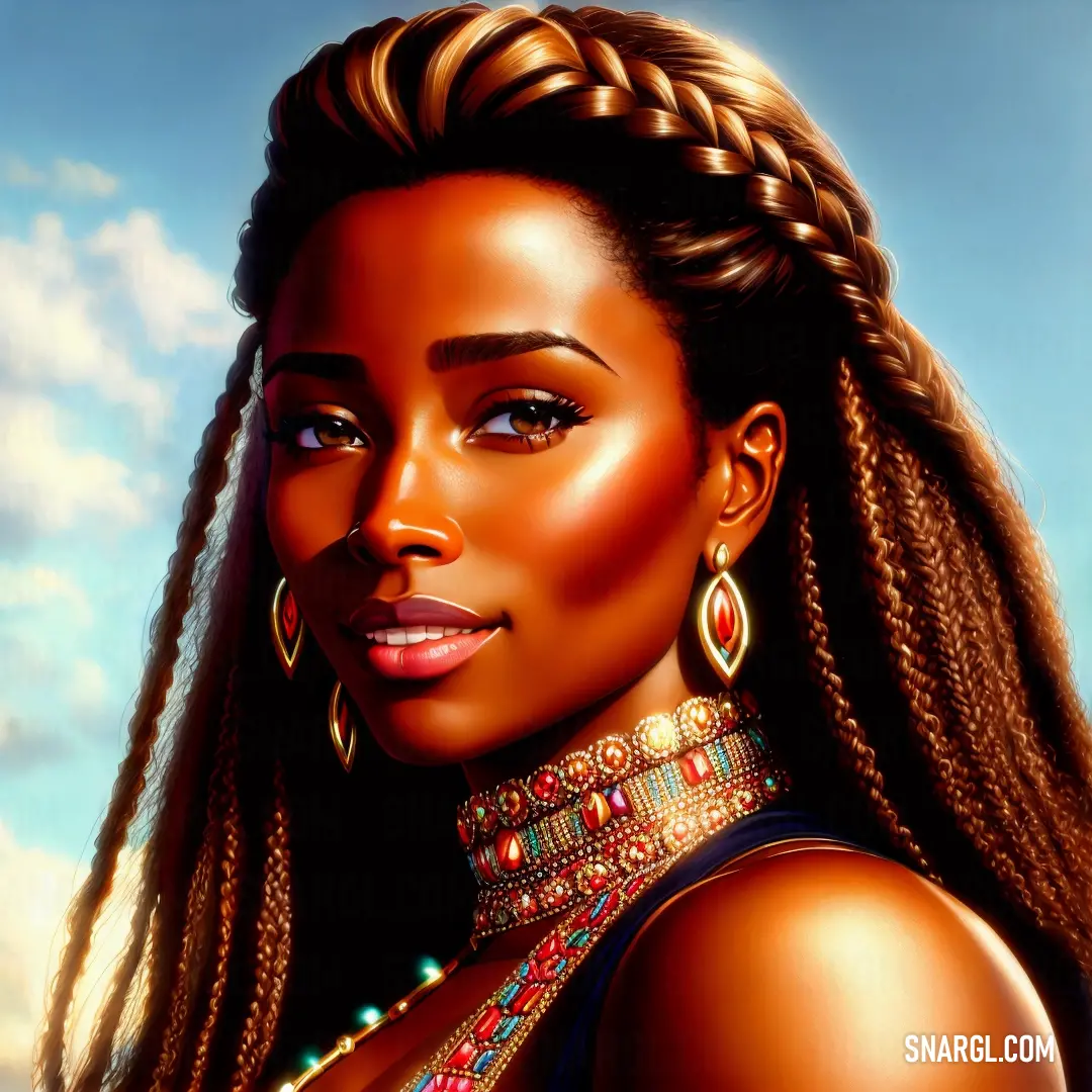 Woman with braids and a necklace on her neck and a sky background. Color NCS S 6030-Y50R.