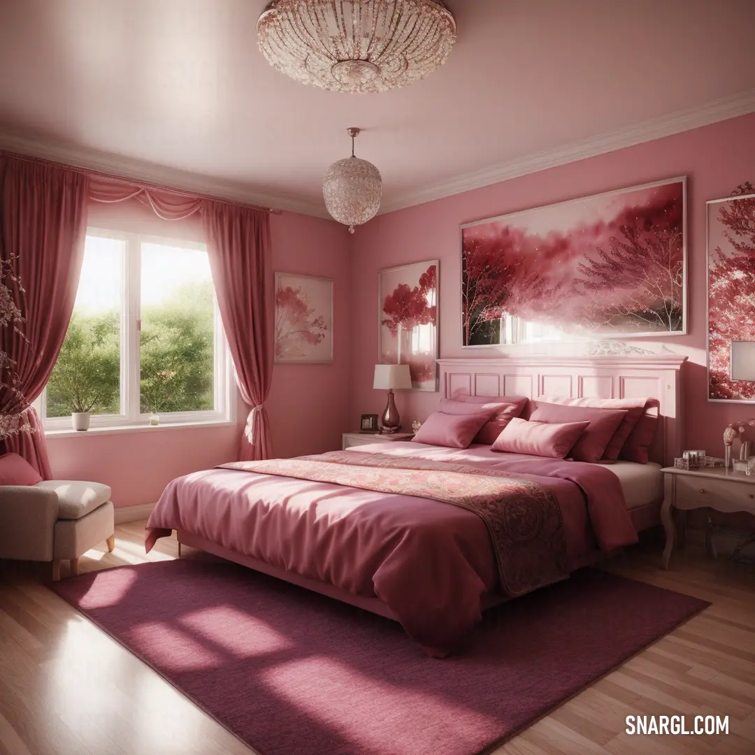 Bedroom with a pink bed and a pink rug on the floor and a pink wall and window with curtains. Example of #682519 color.